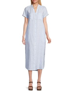 Saks Fifth Avenue Striped 100% Linen Midi Dress - Blue