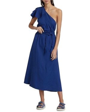 FARM Rio One-shoulder Linen-blend Belted Midi-dress - Blue