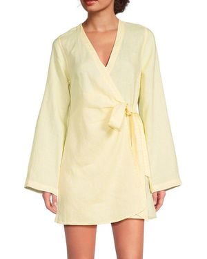 Saks Fifth Avenue Gingham 100% Linen Wrap Minidress - Yellow