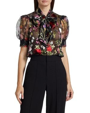 Alice + Olivia Brentley Floral Ruffled Tieneck Blouse - Black