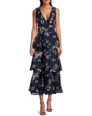 Lulus Molinetto Floral Tiered Empire Midi Dress - Blue