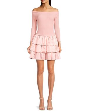Bebe Off Shoulder Tiered Twofer Mini Dress - Pink