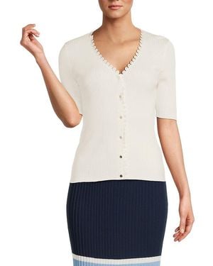 Tahari Ribbed V-Neck Button Cardigan - White