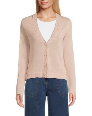 Max Studio Linen-Blend V-Neck Button-Front Cardigan - Blue
