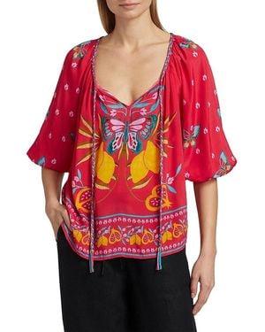 Johnny Was Plus Monaco Butterfly-Print Peasant Blouse - Red