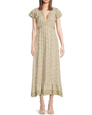 Max Studio Floral Flutter-Sleeve V-Neck Maxi Dress - Natural