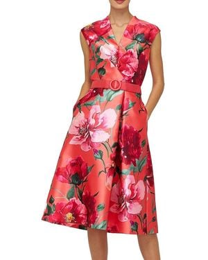 Kay Unger Rosemund Floral Mikado Midi-Dress - Red