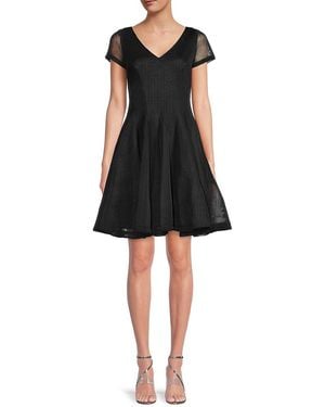 FOCUS BY SHANI Novelty Netting V Neck Dress - Black