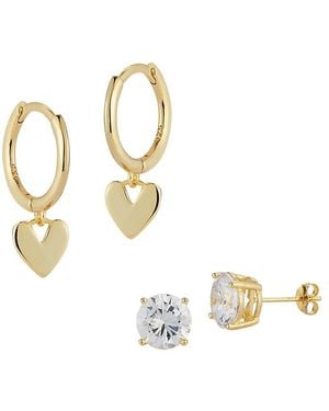 Chloe and Madison Set Of 2 18k Gold Vermeil & Cubic Zircona Stud & Heart Huggie Hoop Drop Earrings - Metallic