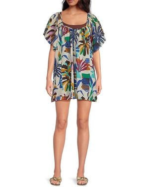 True Destinations Printed Cotton Voile Mini Coverup Dress - Blue