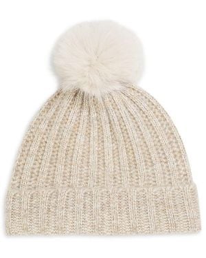 Saks Fifth Avenue Faux Fur Pom-Pom 100% Cashmere Beanie - White