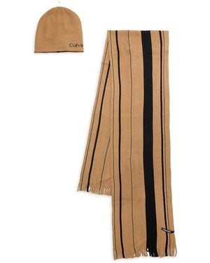 Calvin Klein 2-piece Logo Beanie & Striped Scarf - Natural