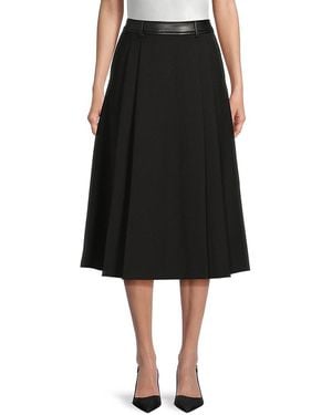 DKNY Pleated Faux-Leather Trim Midi-Skirt - Black