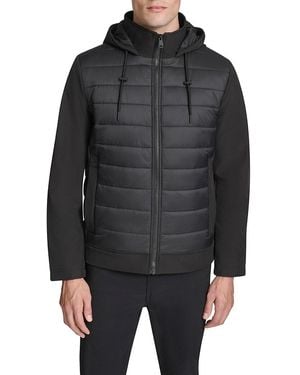 Kenneth Cole Mixed-Media Quilted Hooded Slim Fit Jacket - Black