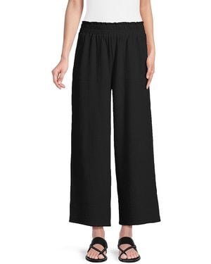 Saks Fifth Avenue Summer Double Gauze Elastic Waist Wide-Leg Trousers - Black