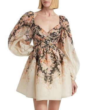 Zimmermann Floral Linen & Silk Long-Sleeve Minidress - Natural