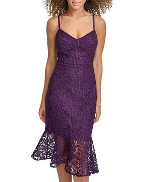 Siena Jewelry Floral Lace Flounce Hem Midi-Dress - Purple