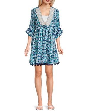 La Moda Clothing Geometric Printed Lace Trim Cover-Up Minidress - Blue