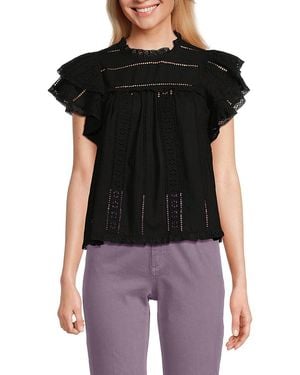 Stellah Eyelet Ruffle Top - Black