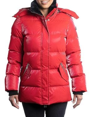 Woodpecker Faux Fur-Lined Puffer Coat with Flap Pockets - Red