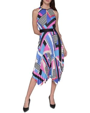 Karl Lagerfeld Printed Belted Pleated Midi-Dress - Blue