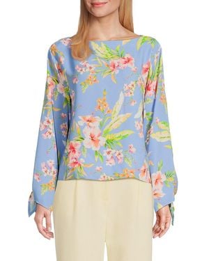 Halston Floral Bateau-Neck Tie-Cuff Blouse - Blue