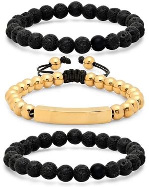 Anthony Jacobs 3-Piece 18K Goldplated Stainless Steel & Lava Beaded Bracelet Set - Black