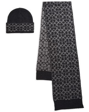COACH 2-Piece Monogram Beanie & Scarf Set - Black