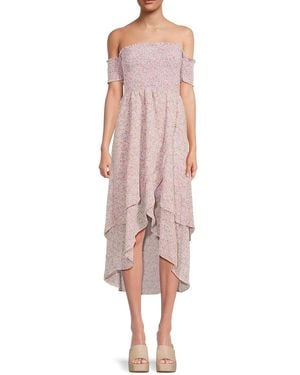 Lea & Viola Off-Shoulder Smocked Floral Midi-Dress - Pink
