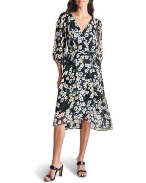 DKNY Faux Wrap Floral Chiffon Midi-Dress - White