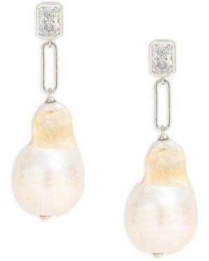 Adriana Orsini Alexandria Rhodium Plated Sterling Silver, 18mm Freshwater Pearl & Cubic Zirconia Drop Earrings - Natural