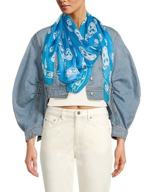 McQueen Skull Print Silk Scarf - Blue