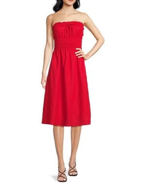 Saks Fifth Avenue Smockedstrapless 100% Linen Midi-Dress - Red