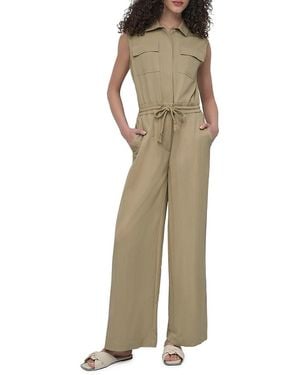 DKNY Cinched Waist Twill Wide-Leg Jumpsuit - Natural