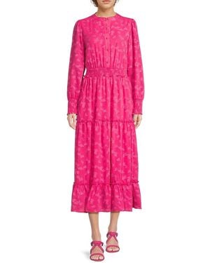 Tahari Jacquard Smocked Midi-Dress - Pink