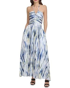 DKNY Ruched Halter Printed Maxi Dress - Blue