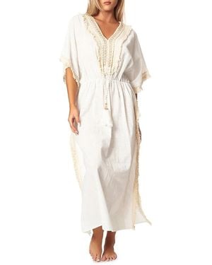 La Moda Clothing Lace Trim Tassel Cover Up Caftan - White