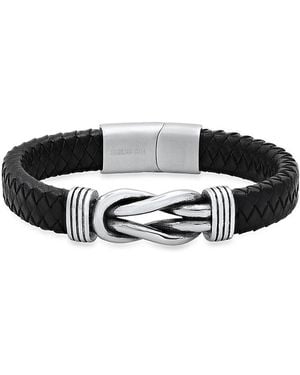 Anthony Jacobs Stainless Steel & Leather Braided Knot Bracelet - Black