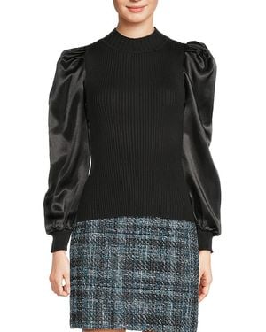 Lea & Viola Mixed Media Puff Sleeve Top - Black