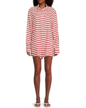 WeWoreWhat Striped Linen-Blend Button-Front Romper - Red