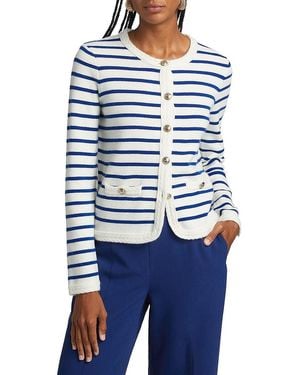 Tahari Makena Striped Wool-Cashmere Crewneck Cardigan - Blue