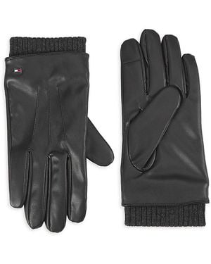 Tommy Hilfiger Ribbed Cuff Leather Gloves - Black