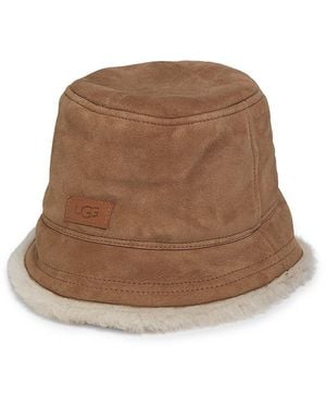 UGG Shearling Trim Sheepskin Bucket Hat - Brown