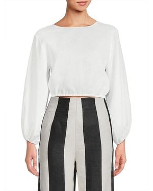 Cala De La Cruz Bena Linen Puff-Sleeve Crop Top - White