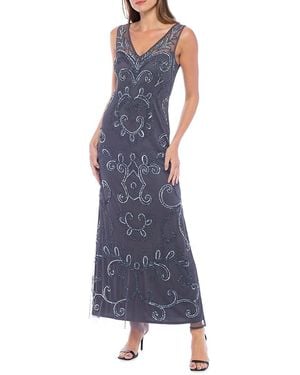 Marina V Neck Beaded A Line Dress - Blue