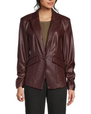 Central Park West Ruched Sleeve Faux Leather Blazer - Brown