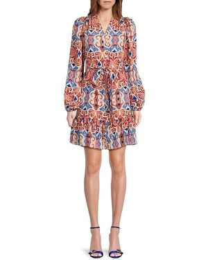 Sam Edelman Tile Print Long-Sleeve Pleated Rayon Minidress - Red