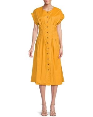Calvin Klein Pleated Cotton-Blend Midi A-Line Dress - Yellow