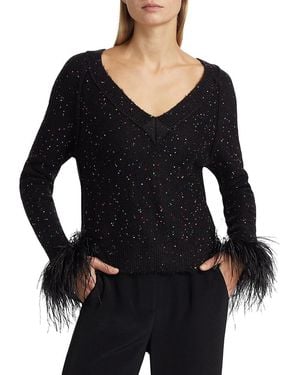 MILLY Sequin-Feather V-Neck Jumper - Black