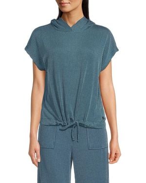 Andrew Marc Striped Tie-Waist Hooded Top - Blue